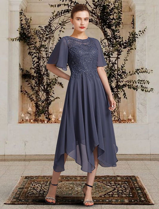 Wholesa A-Line Mother of the Bride Dress Elegant High Low Jewel Neck Asymmetrical Tea Length Chiffon Lace Short Sleeve with Appliques