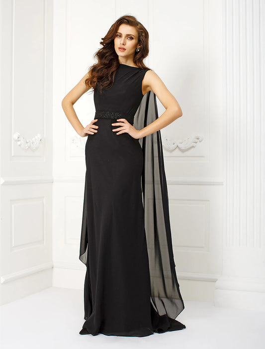 Wholesa Sheath / Column Elegant Dress Holiday Cocktail Party Watteau Train Sleeveless Bateau Neck Chiffon with Sash / Ribbon Beading