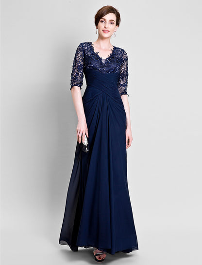 wholesale A-Line Mother of the Bride Dress See Through V Neck Floor Length Chiffon Lace Half Sleeve No with Lace Beading