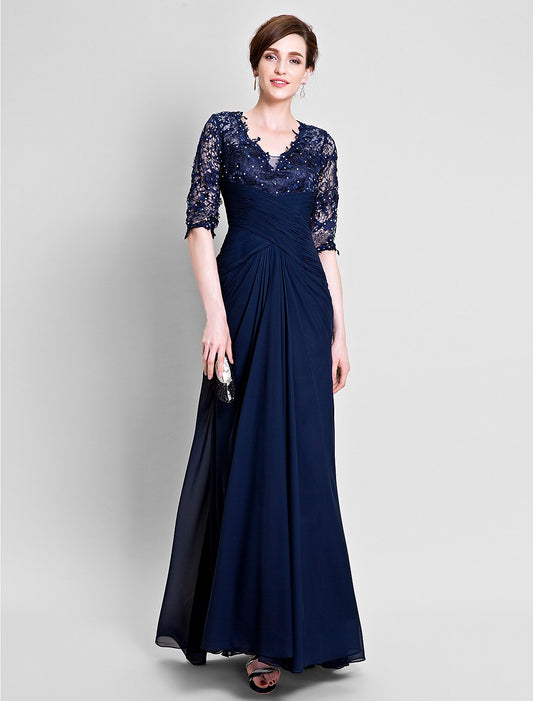 wholesale A-Line Mother of the Bride Dress See Through V Neck Floor Length Chiffon Lace Half Sleeve No with Lace Beading