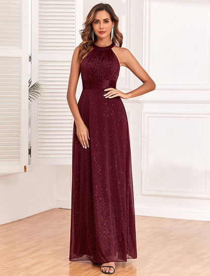 Wholesa A-Line Evening Gown Empire Dress Evening Party Dress Wedding Reception Floor Length Sleeveless Halter Neck Polyester Backless V Back with Glitter