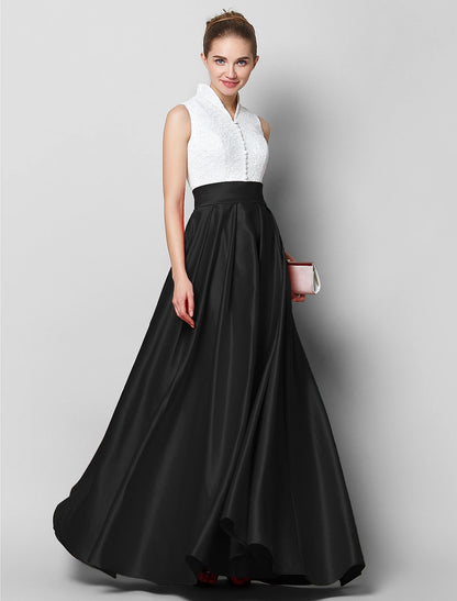 Wholesa A-Line Elegant & Luxurious Color Block Formal Evening Black Tie Gala Dress High Neck Sleeveless Floor Length Lace with Pleats