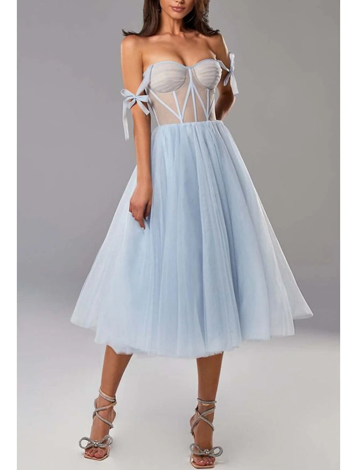 Wholesale Two Piece A-Line Prom Dresses Elegant Dress Wedding Guest Tea Length Half Sleeve Sweetheart Tulle with Pleats Pure Color