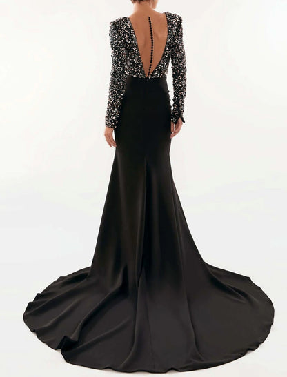 wholesale  Mermaid / Trumpet Evening Gown Reformation Amante Dress Wedding Guest Court Train Long Sleeve Illusion Neck Satin with Sequin Slit Splicing