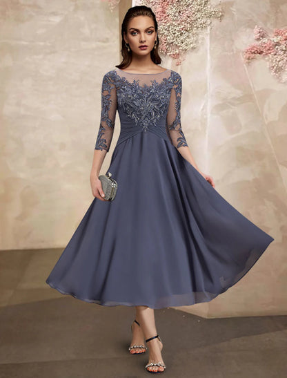 wholesale  A-Line Mother of the Bride Dress Plus Size Elegant Jewel Neck Tea Length Chiffon Lace Short Sleeve with Ruched Sequin Appliques