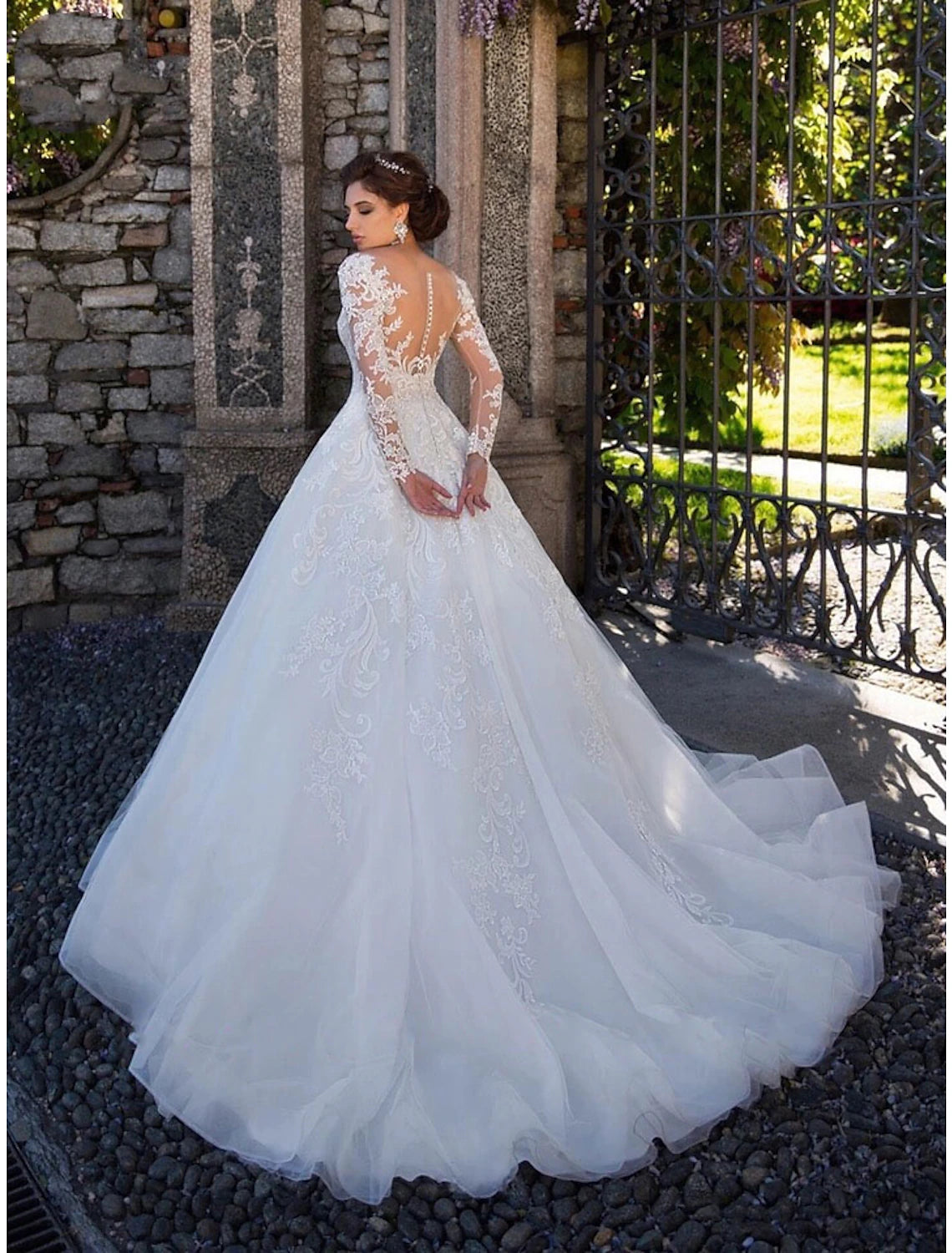 Wholesale Engagement Formal Fall Wedding Dresses Ball Gown Illusion Neck Long Sleeve Court Train Lace Bridal Gowns With Lace Appliques Summer Wedding Party