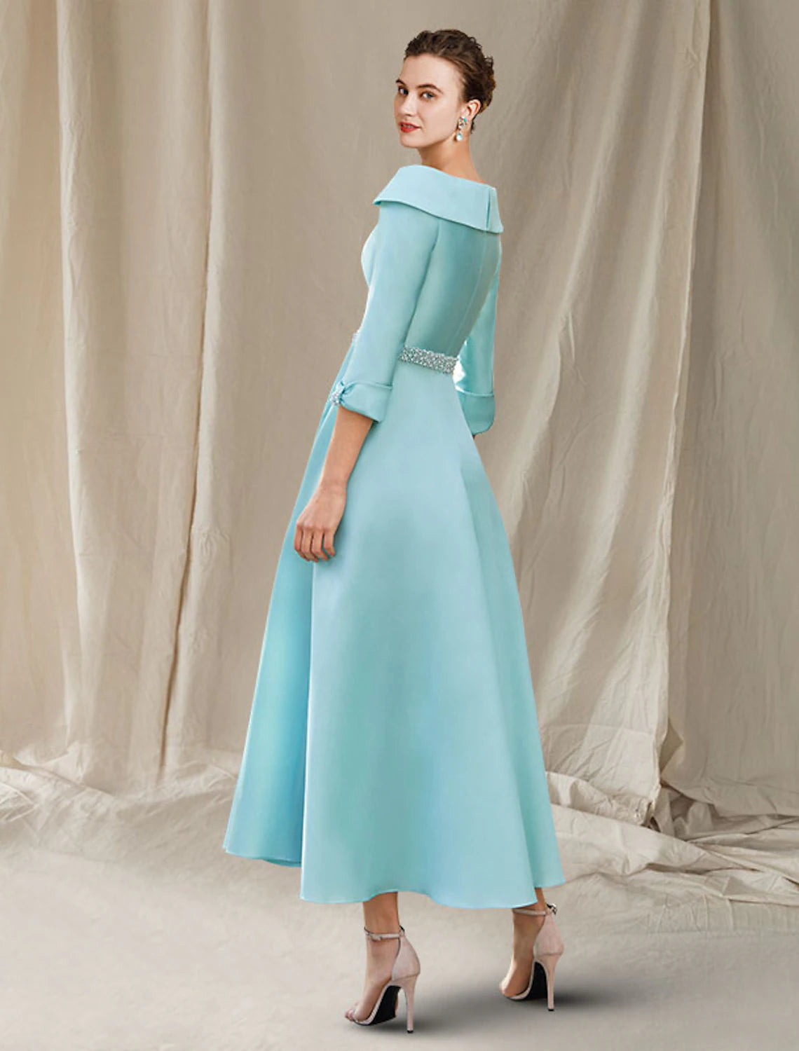 wholesale A-Line Mother of the Bride Dress Wedding Guest Luxurious Elegant Bateau Neck Ankle Length Satin 3/4 Length Sleeve with Sash / Ribbon Bow(s) Beading