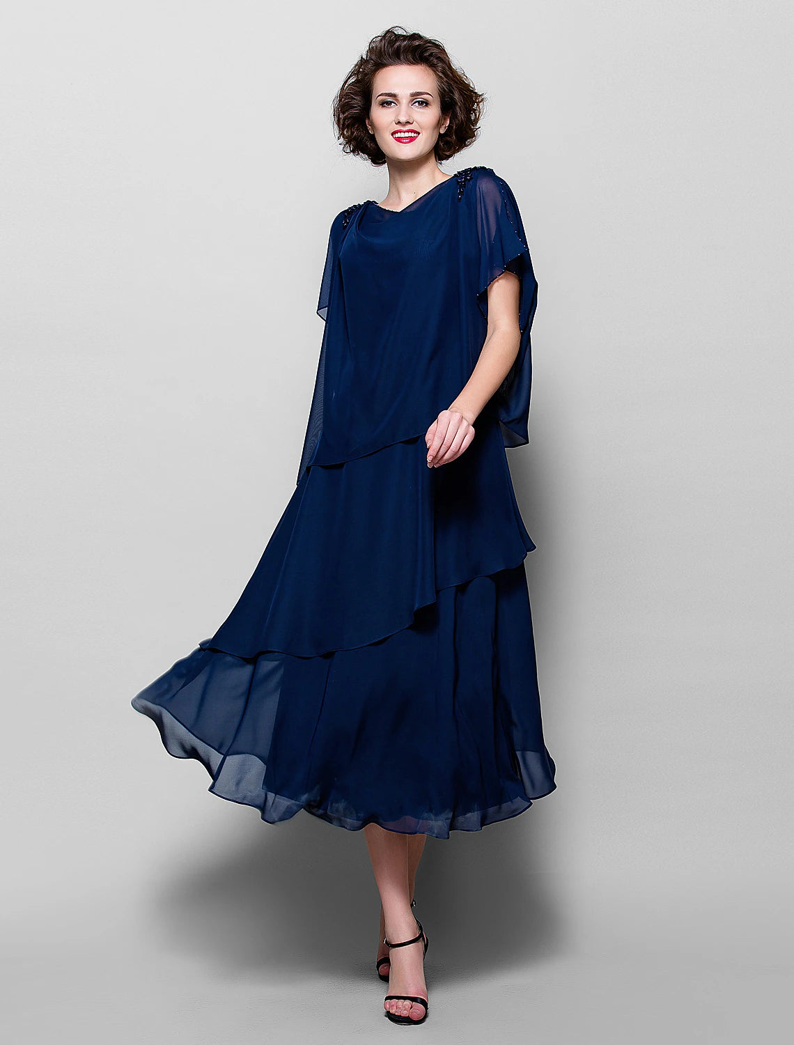 Wholesa  A-Line Mother of the Bride Dress Plus Size Elegant Cowl Neck Tea Length Chiffon Short Sleeve with Ruffles Crystal Brooch