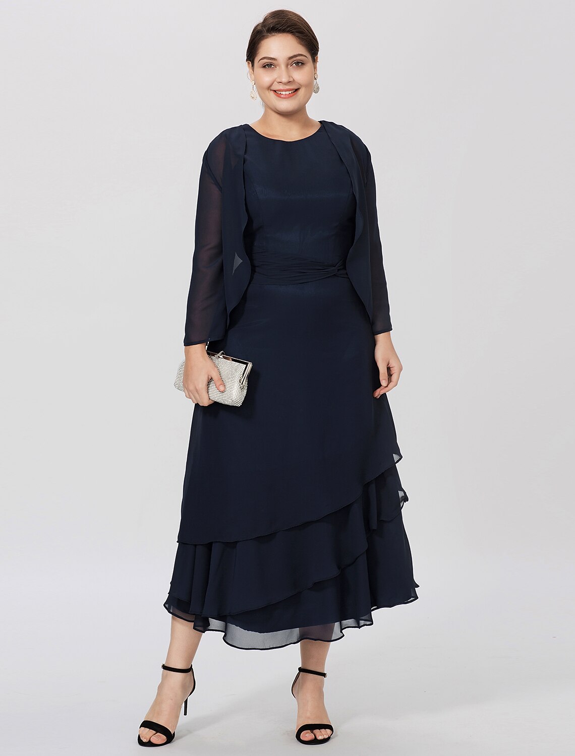 Wholesa  Sheath / Column Mother of the Bride Dress Formal Classic & Timeless Elegant & Luxurious Plus Size Jewel Neck Tea Length Chiffon 3/4 Length Sleeve yes with Pleats Tiered