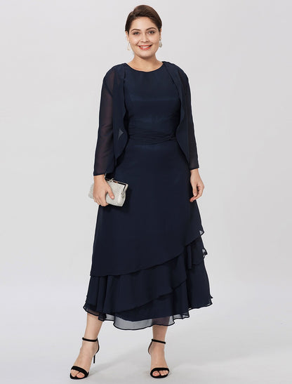 Wholesa  Sheath / Column Mother of the Bride Dress Formal Classic & Timeless Elegant & Luxurious Plus Size Jewel Neck Tea Length Chiffon 3/4 Length Sleeve yes with Pleats Tiered