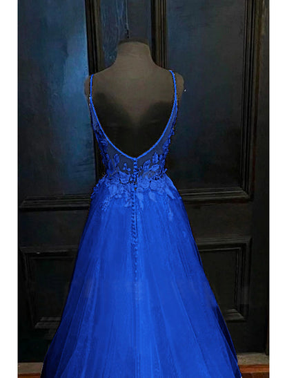 Wholesa A-Line Prom Dresses Open Back Dress Formal Prom Court Train Sleeveless V Neck Tulle Backless V Back with Beading Appliques