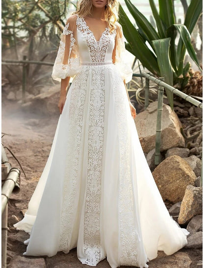 Wholesa Engagement Formal Fall Wedding Dresses A-Line V Neck 3/4 Length Sleeve Court Train Chiffon Bridal Gowns With Appliques Solid Color Summer Wedding Party, Women's Clothing