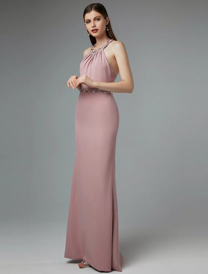 Wholesale Sheath / Column Beautiful Back Dress Wedding Guest Floor Length Sleeveless Halter Spandex Crisscross Back with Beading