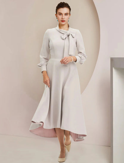 wholesale  A-Line Mother of the Bride Dress Formal Wedding Guest Party Elegant High Neck Asymmetrical Tea Length Stretch Chiffon Long Sleeve with Bow(s)