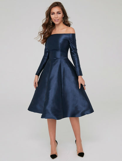 Wholesa  A-Line Special Occasion Dresses Party Dress Wedding Guest Cocktail Party Knee Length Long Sleeve Off Shoulder Satin with Pleats