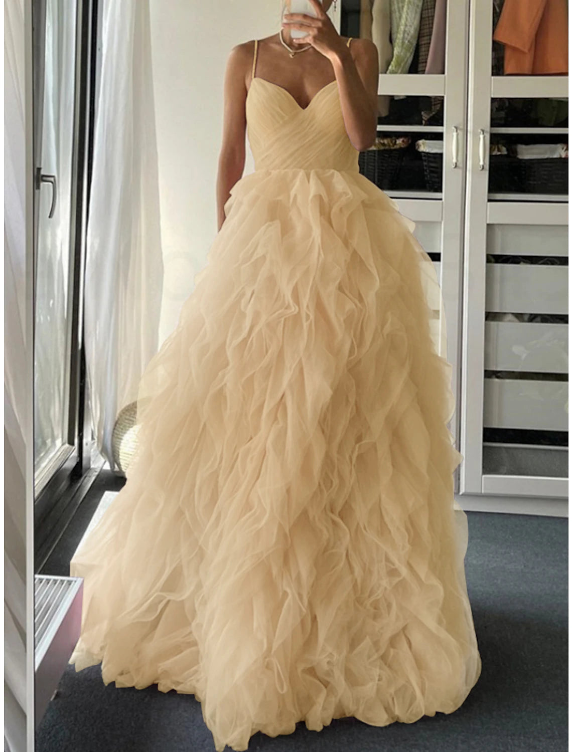 Wholesa A-Line Prom Dresses Elegant Dress Formal Floor Length Sleeveless Spaghetti Strap Tulle with Pleats Ruffles