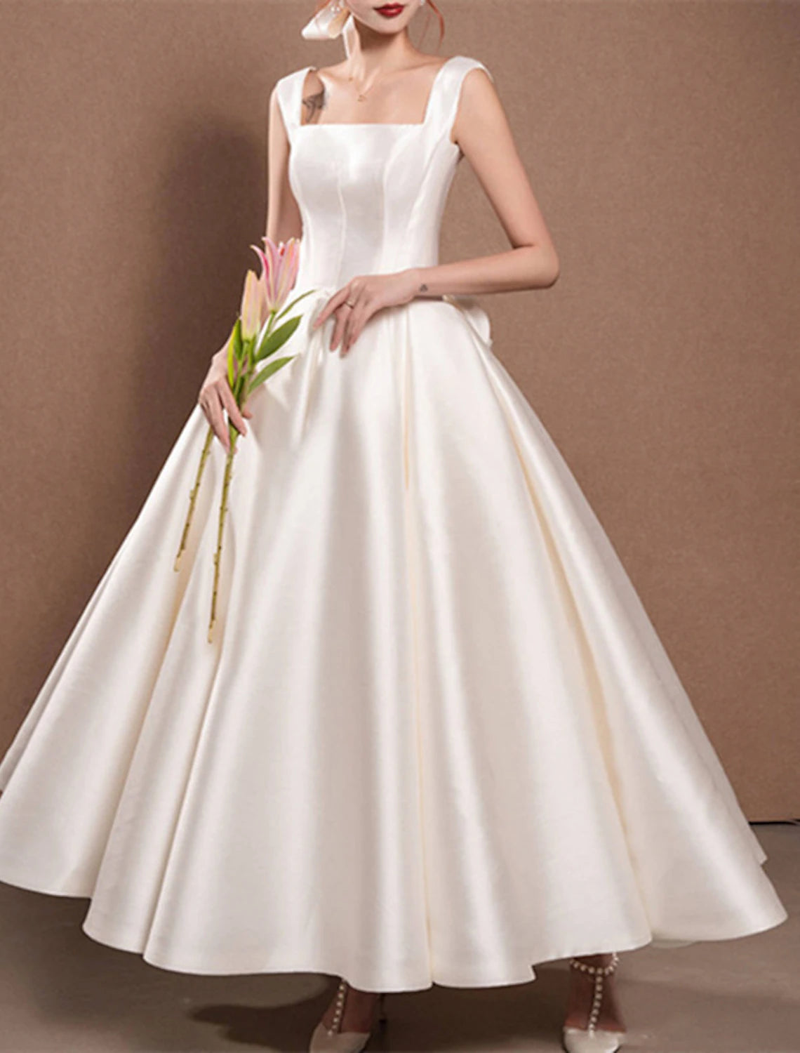 Wholesa Reception Simple Wedding Dresses Wedding Dresses A-Line Off Shoulder Cap Sleeve Tea Length Satin Bridal Gowns With Pleats Ruched