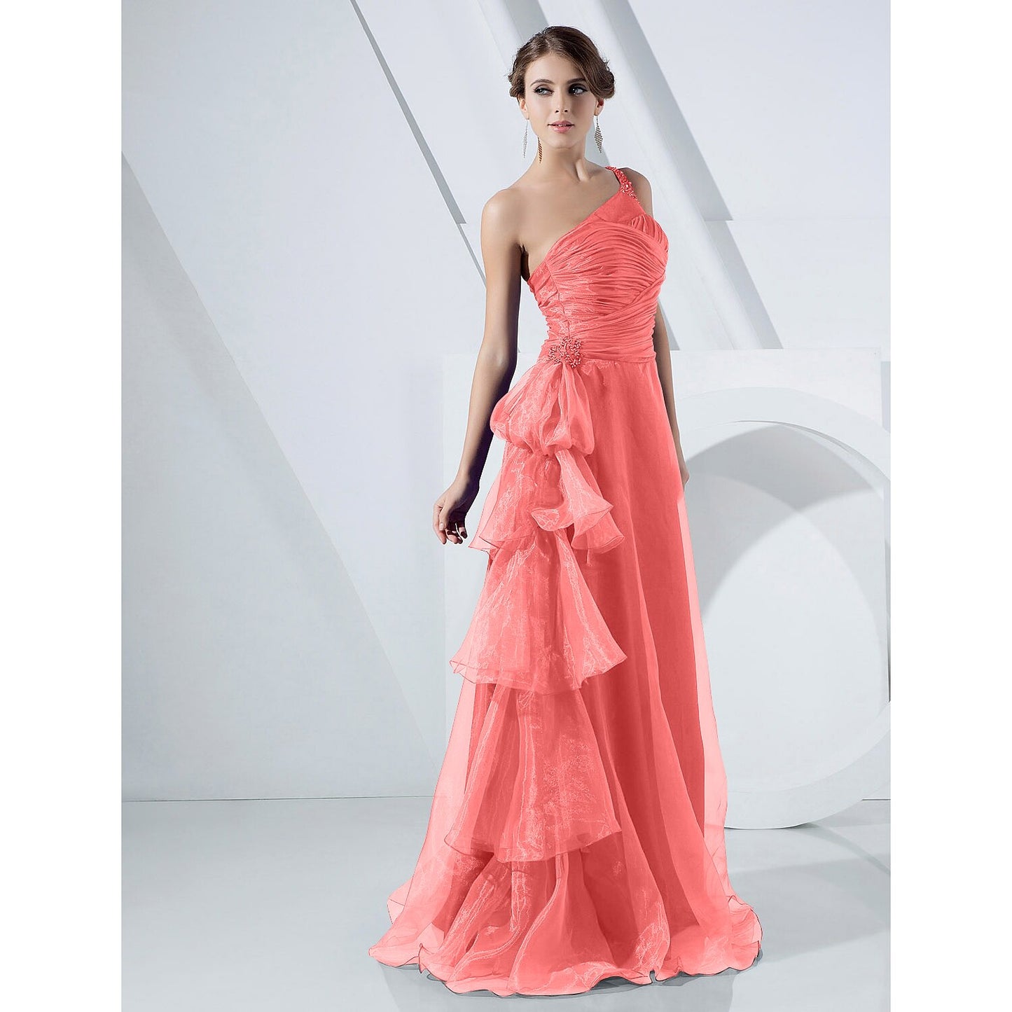 Wholesa A-Line Elegant Dress Formal Evening Military Ball Floor Length Sleeveless One Shoulder Organza with Side Draping Cascading Ruffles