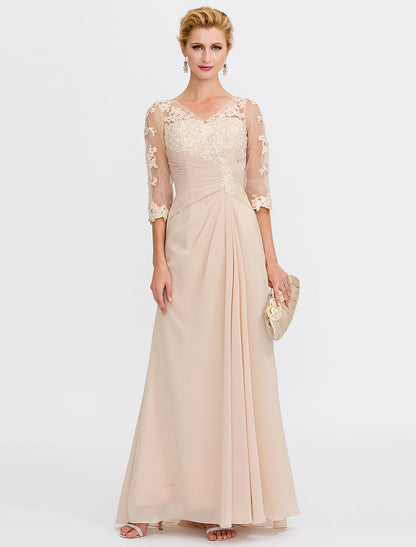 Wholesa A-Line Mother of the Bride Dress Fall Wedding Guest Dresses Plus Size Elegant See Through V Neck Floor Length Chiffon Half Sleeve with Appliques Side Draping