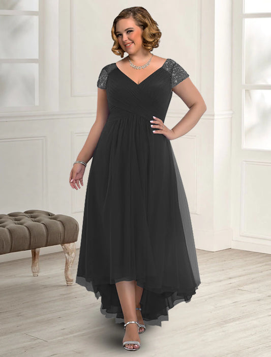 Wholesa  A-Line Mother of the Bride Dress Plus Size Elegant High Low V Neck Asymmetrical Floor Length Chiffon Short Sleeve with Pleats Beading