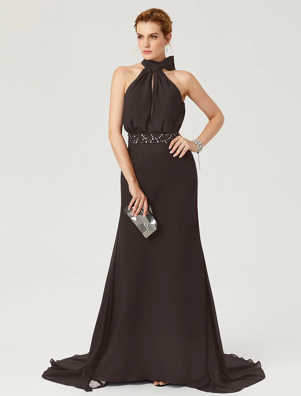 Wholesa Sheath / Column Elegant Holiday Cocktail Party Formal Evening Dress High Neck Sleeveless Court Train Chiffon with Sash / Ribbon Bow(s) Pleats