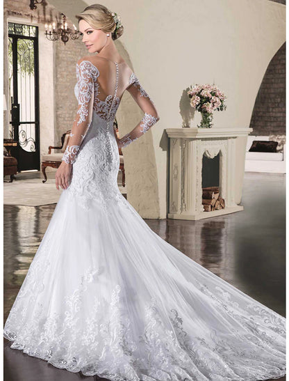 Wholesale Engagement Open Back Formal Fall Wedding Dresses Mermaid / Trumpet Illusion Neck Long Sleeve Court Train Lace Bridal Gowns With Appliques 2023 Summer Wedding Party