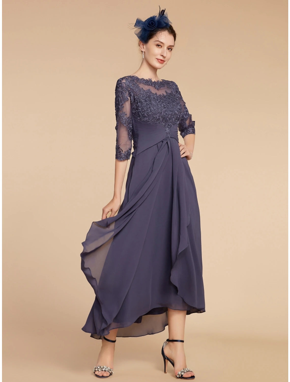 Wholesa A-Line Mother of the Bride Dress Wedding Guest Elegant Scoop Neck Ankle Length Chiffon Lace 3/4 Length Sleeve with Ruching Solid Color