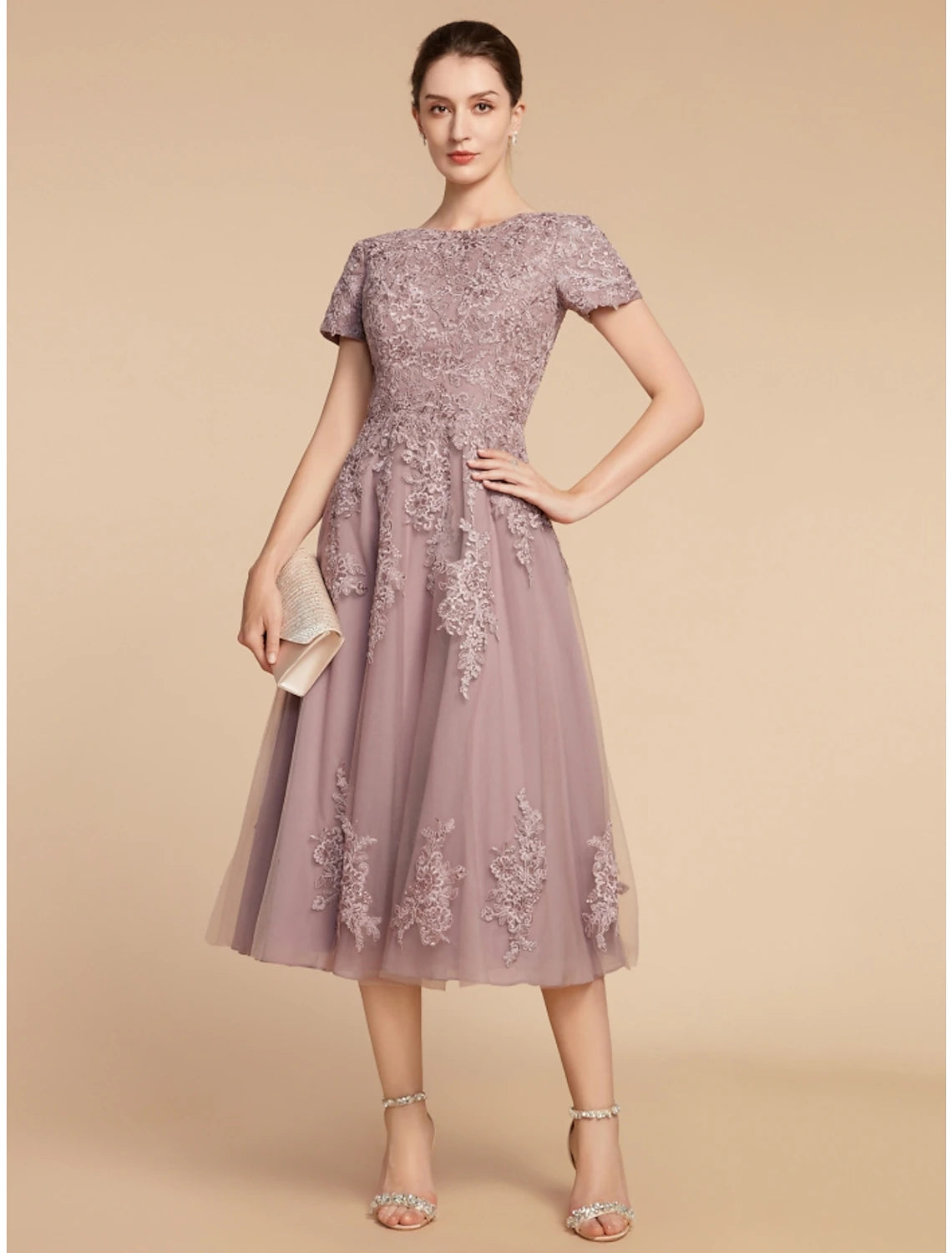 Wholesa  A-Line Mother of the Bride Dress Wedding Guest Elegant Petite Jewel Neck Tea Length Lace Tulle Short Sleeve with Ruching Flower