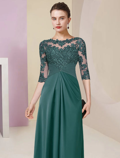 Wholesa  Sheath / Column Mother of the Bride Dress Simple Elegant Jewel Neck Floor Length Chiffon Lace Half Sleeve with Pleats Solid Color