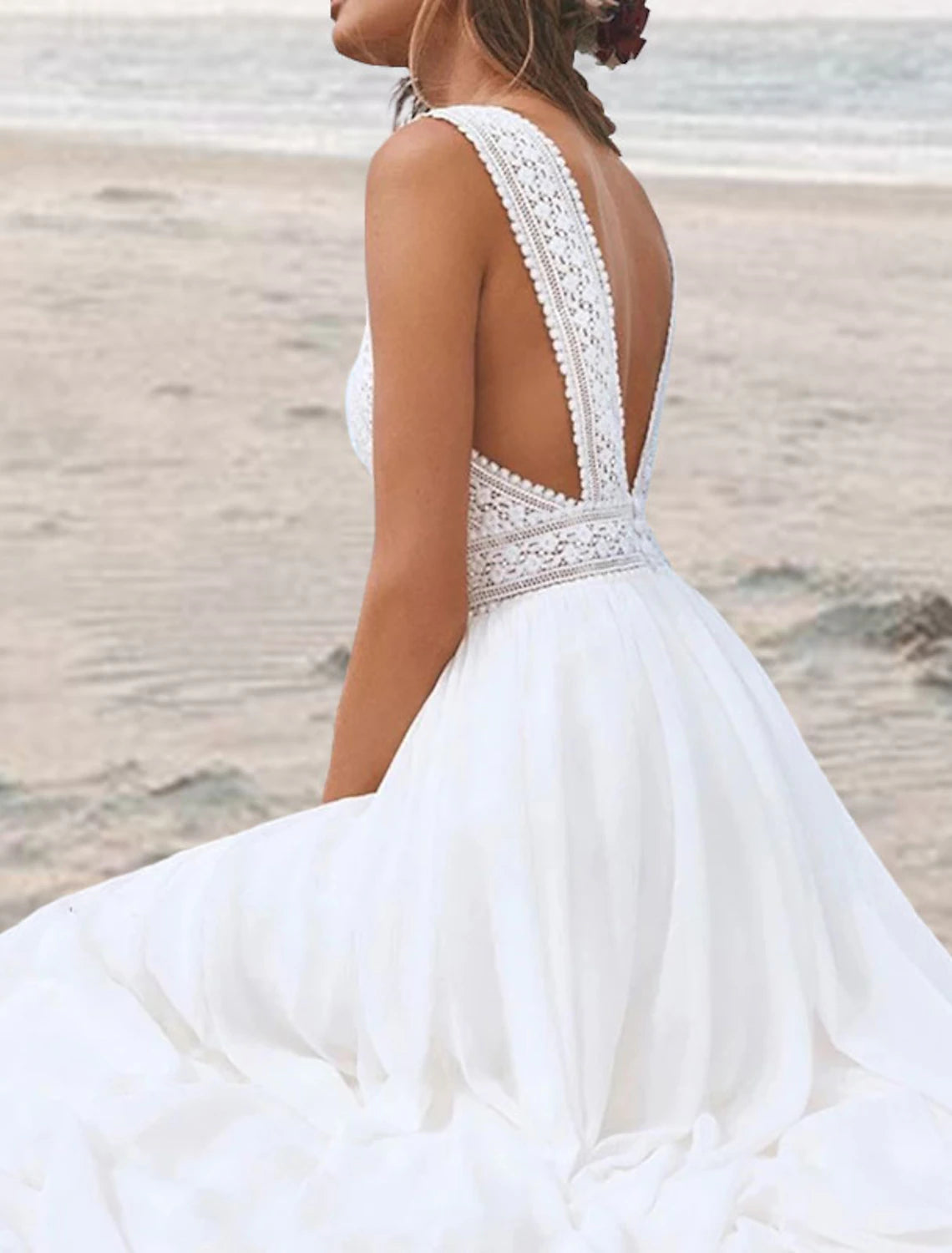 Wholesa Beach Open Back Boho Wedding Dresses A-Line V Neck Sleeveless Floor Length Chiffon Bridal Gowns With