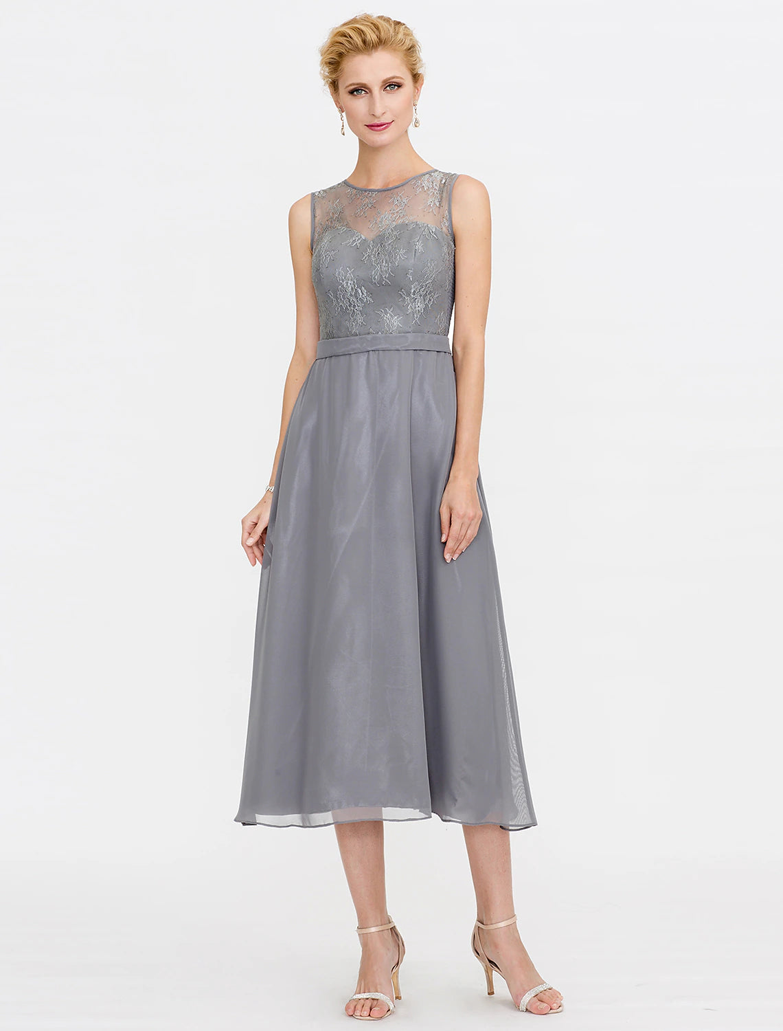 Wholesa A-Line Mother of the Bride Dress Fall Wedding Guest Dresses Plus Size Elegant Illusion Neck Tea Length Chiffon Corded Lace Sleeveless Wrap Included with Lace Pleats