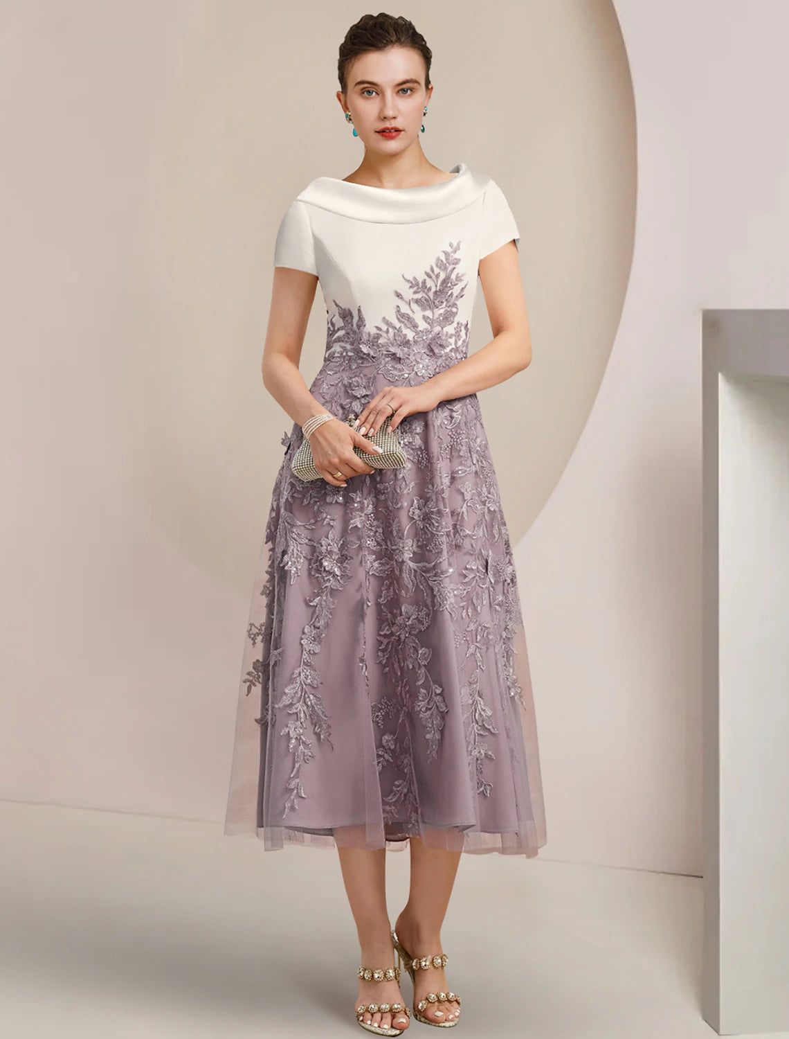 Wholesa  A-Line Mother of the Bride Dress Formal Wedding Guest Elegant Scoop Neck Tea Length Satin Lace Short Sleeve with Sequin Appliques Color Block