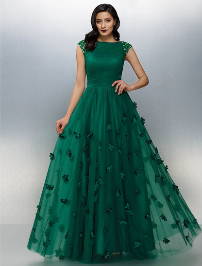 Wholesale A-Line Floral Dress Wedding Guest Floor Length Short Sleeve Boat Neck Tulle with Crystals Appliques