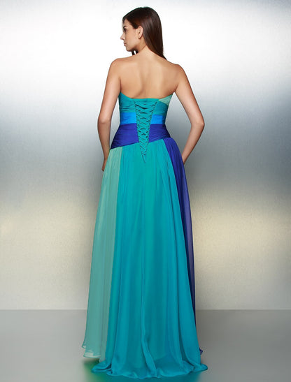 Wholesale A-Line Color Block Dress Wedding Guest Floor Length Sleeveless Sweetheart Chiffon Backless with Ruched Crystals