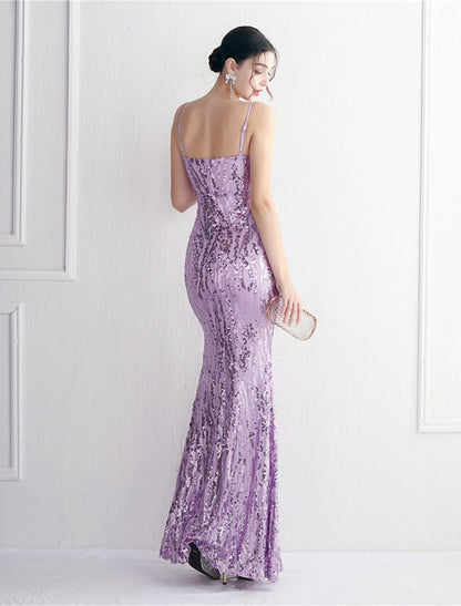 Wholesa Mermaid / Trumpet Evening Gown Sparkle & Shine Dress Formal Wedding Guest Floor Length Sleeveless Spaghetti Strap Sequined with Beading Sequin Slit