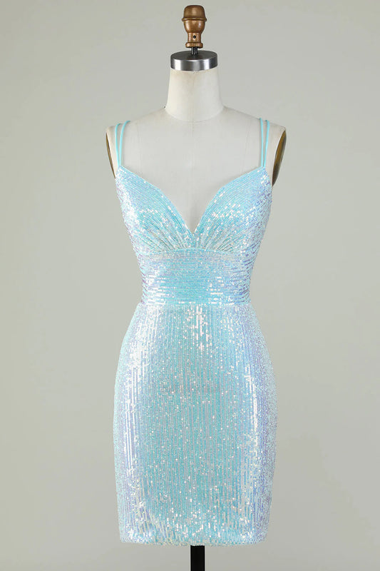 Wholesale Short Homecoming Dress Sparkly Light Blue Sheath Sequins with Criss Cross Back