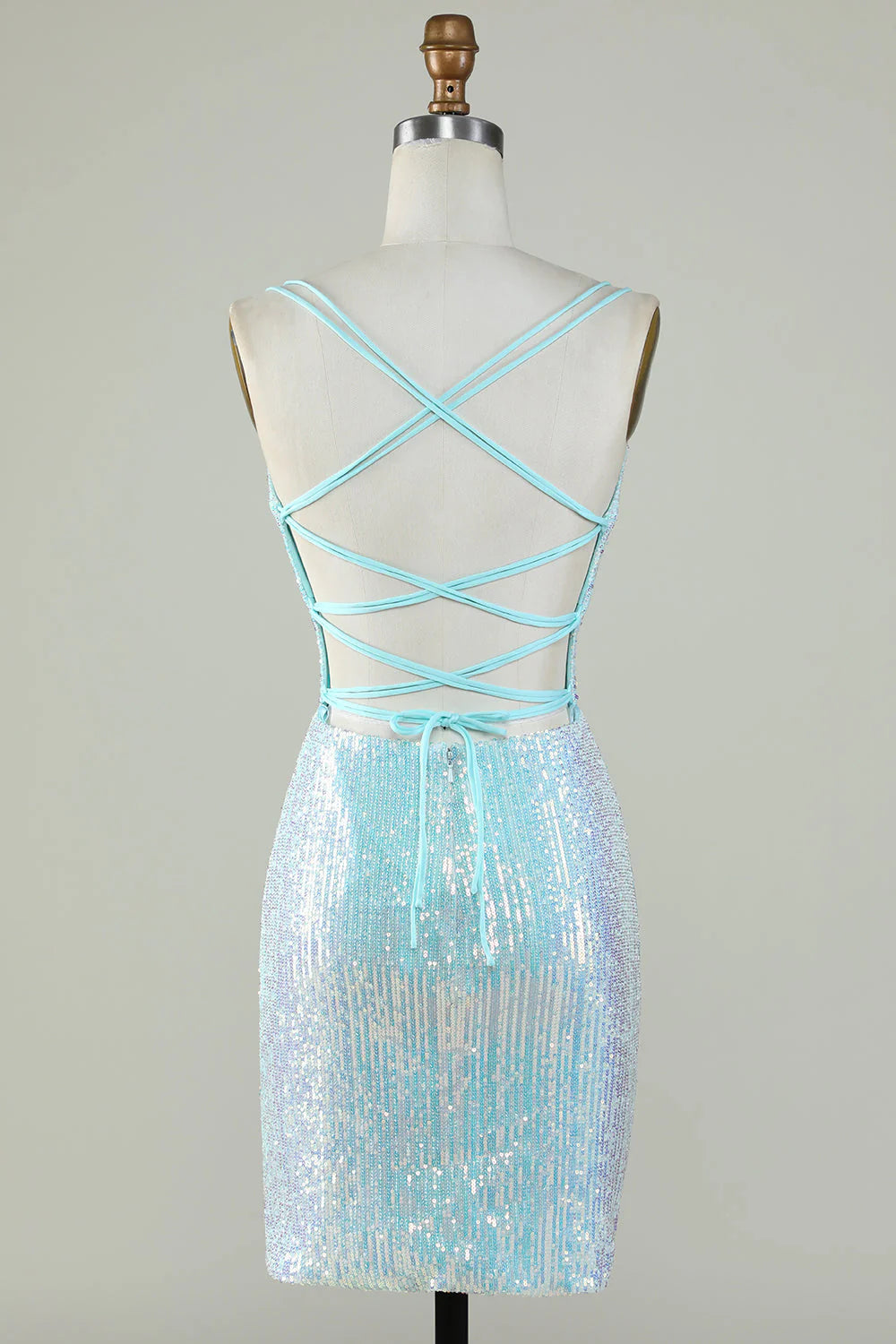 Wholesale Short Homecoming Dress Sparkly Light Blue Sheath Sequins with Criss Cross Back