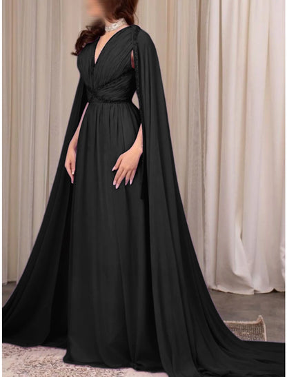 Wholesa A-Line Evening Gown Elegant Dress Formal Fall Court Train Long Sleeve V Neck Chiffon with Pleats Sequin