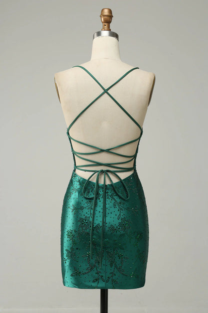 Wholesale Homecoming Dress Dark Green Beaded Tight With Criss Cross Back