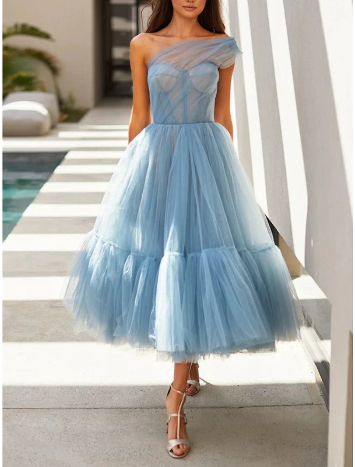 Aimishang A-Line Prom Dresses Elegant Dress Formal Tea Length Sleeveless One Shoulder Tulle with Pleats