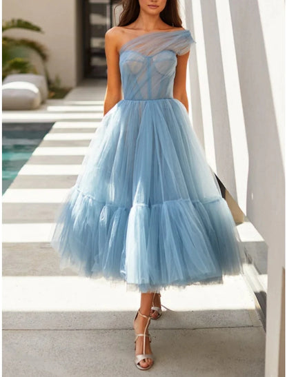 Aimishang A-Line Prom Dresses Elegant Dress Formal Tea Length Sleeveless One Shoulder Tulle with Pleats