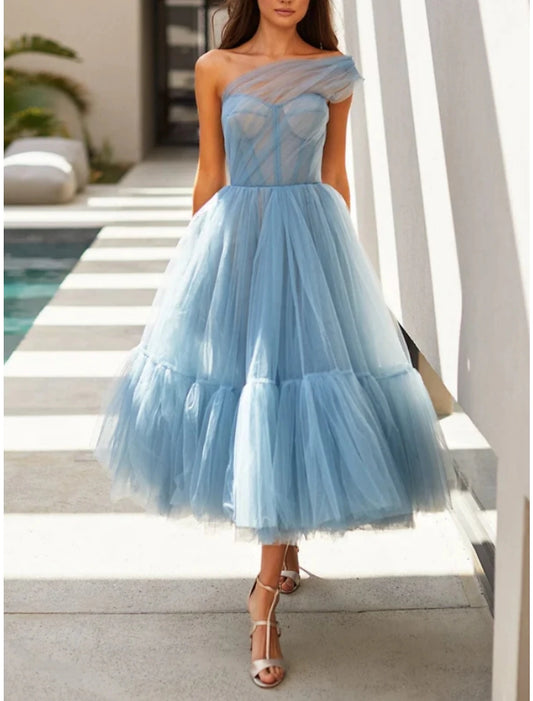 Wholesa A-Line Prom Dresses Elegant Dress Formal Tea Length Sleeveless One Shoulder Tulle with Pleats