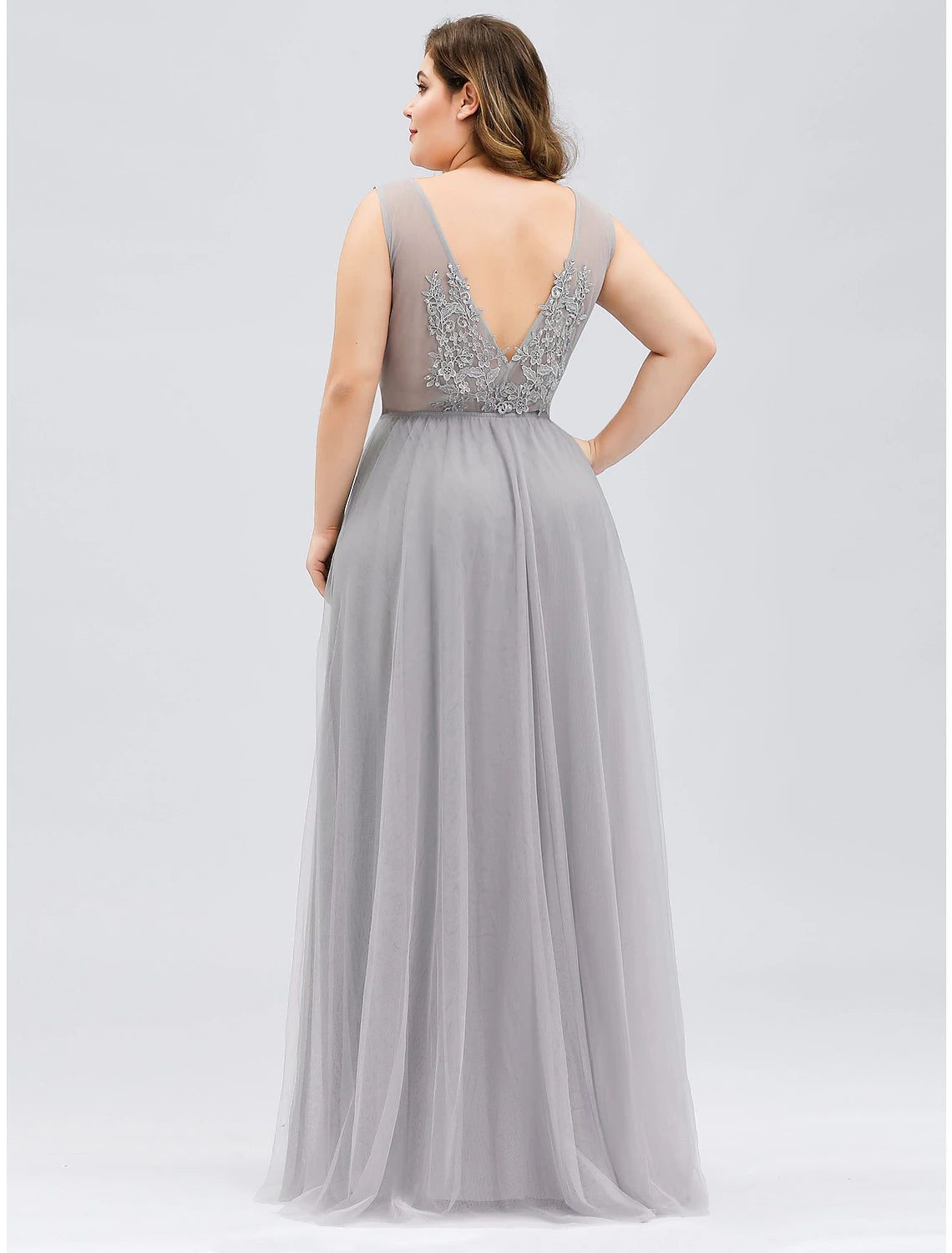 Wholesale A-Line Prom Dresses Plus Size Dress Prom Floor Length Sleeveless V Neck Tulle V Back with Beading Appliques