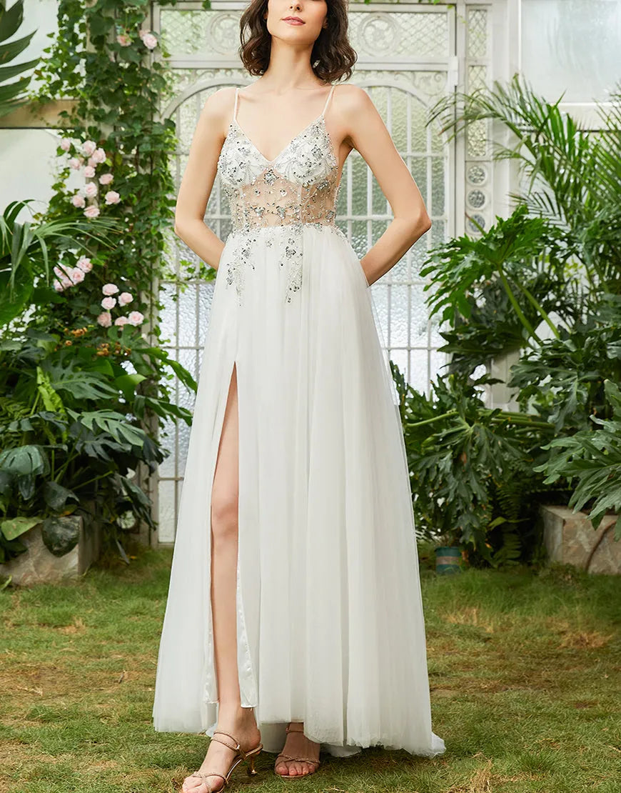 Wholesale A-Line Spaghetti Straps Long Prom Dress With Beading