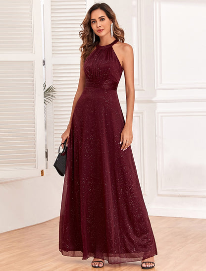 Wholesa A-Line Evening Gown Empire Dress Evening Party Dress Wedding Reception Floor Length Sleeveless Halter Neck Polyester Backless V Back with Glitter