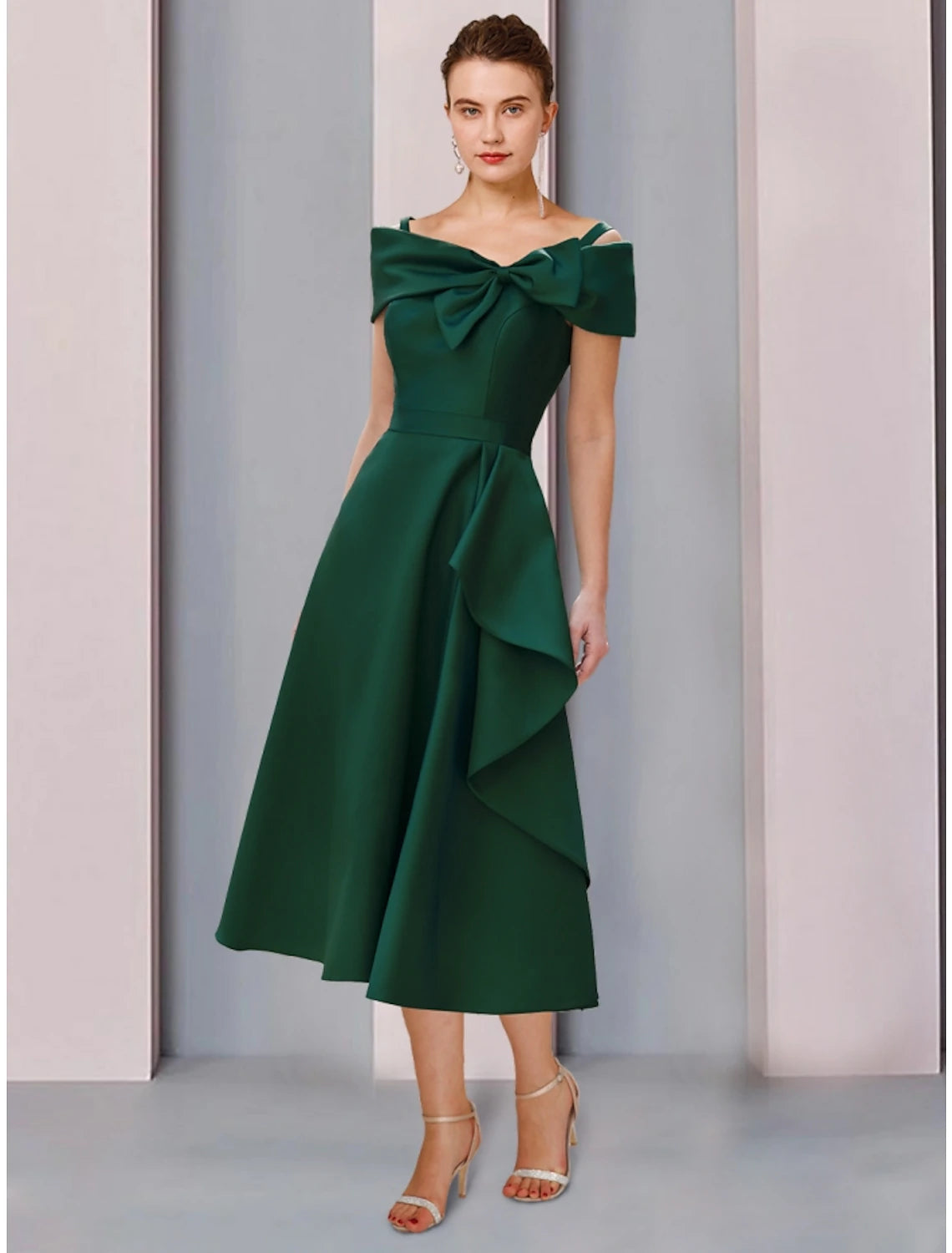 Wholesa  A-Line Mother of the Bride Dress Wedding Guest Elegant Off Shoulder Tea Length Satin Short Sleeve with Bow(s) Ruffles Ruching