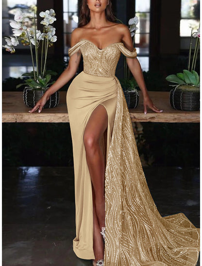 Wholesa Mermaid Dress Evening Gown Red Green Dress Dress Formal Wedding Guest Court Train Sleeveless Off Shoulder Charmeuse with Ruched Sequin Slit