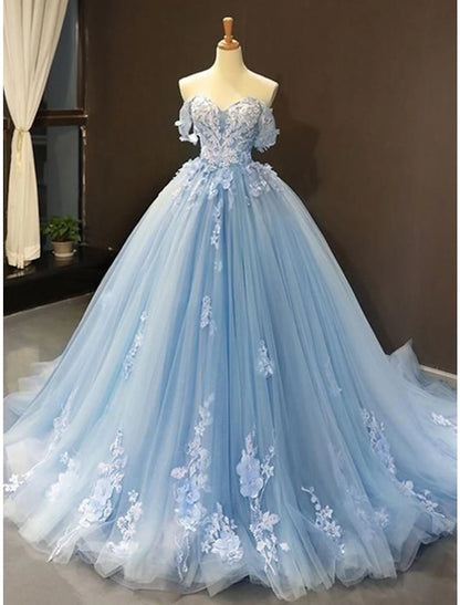 Wholesa Ball Gown Prom Dresses Floral Dress Wedding Quinceanera Court Train Short Sleeve Sweetheart Lace with Pleats Appliques