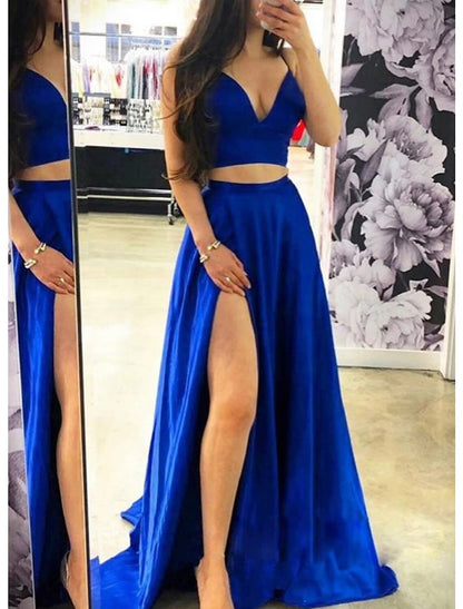 wholesale  Two Piece Prom Dresses Sexy Dress Formal Sweep / Brush Train Sleeveless Spaghetti Strap Charmeuse with Bow(s) Slit