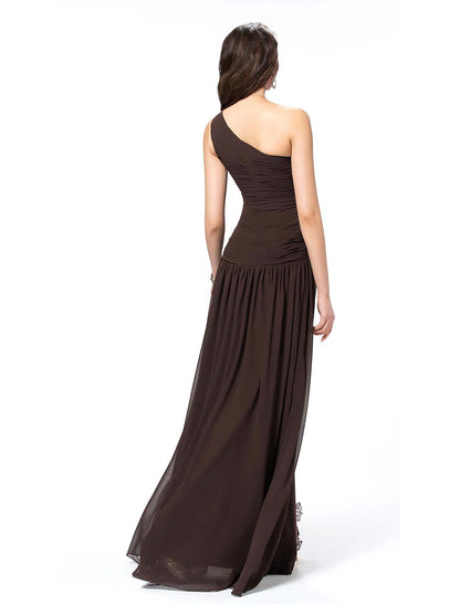 Wholesa  A-Line Elegant Sexy Party Wear Formal Evening Dress One Shoulder Backless Sleeveless Floor Length Chiffon with Slit Lace Insert